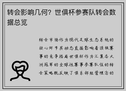 转会影响几何？世俱杯参赛队转会数据总览